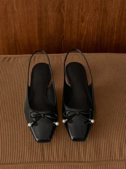 Barbara Patent Pearl-Bow Slingback Flats