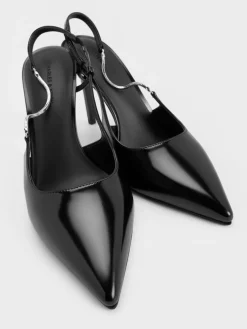 Chain-Strap Pointed-Toe Slingback Pumps