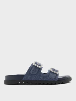Denim Gem-Buckle Double-Strap Sandals
