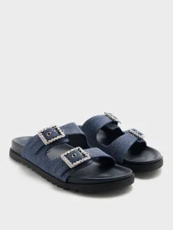 Denim Gem-Buckle Double-Strap Sandals