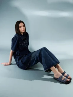 Denim Gem-Buckle Double-Strap Sandals