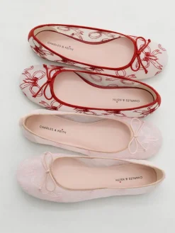 Embroidered-Mesh Bow Ballet Flats