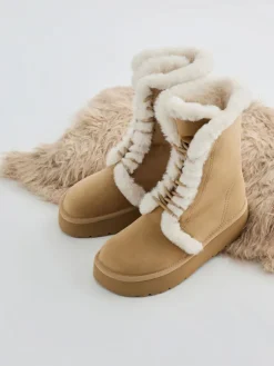 Faux Suede & Faux Fur Flatform Boots