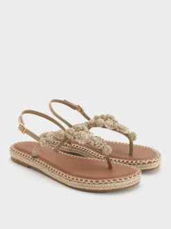 Faux Suede Flower Espadrille Thong Sandals