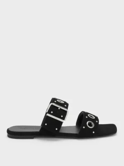 Faux Suede Grommet Buckled Slides