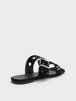 Faux Suede Grommet Buckled Slides