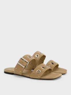 Faux Suede Grommet Buckled Slides