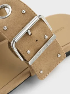 Faux Suede Grommet Buckled Slides