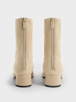 Faux Suede Stitch-Trim Heeled Ankle Boots