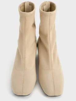 Faux Suede Stitch-Trim Heeled Ankle Boots