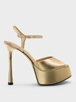 Francesca Metallic Leather Peep-Toe Platform Heels