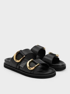 Gabine Gold-Buckle Leather Slides