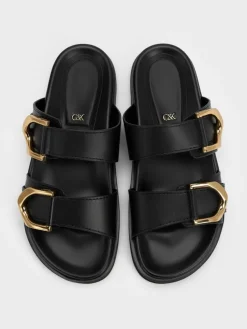 Gabine Gold-Buckle Leather Slides