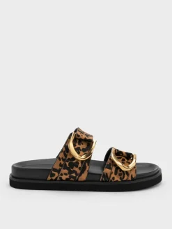 Gabine Leopard-Print Gold-Buckle Leather Slides