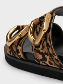 Gabine Leopard-Print Gold-Buckle Leather Slides