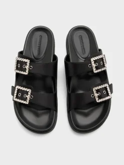 Gem-Buckle Double-Strap Sandals