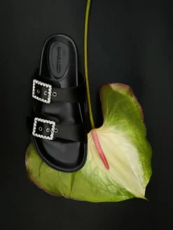 Gem-Buckle Double-Strap Sandals