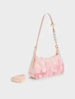 Gift Set: Floral-Mesh Pearl-Strap Shoulder Bag