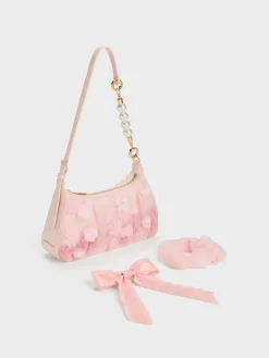 Gift Set: Floral-Mesh Pearl-Strap Shoulder Bag