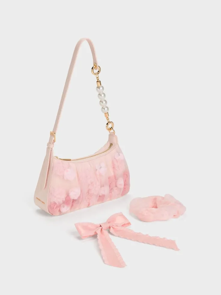 Gift Set: Floral-Mesh Pearl-Strap Shoulder Bag