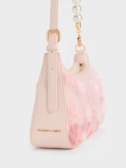 Gift Set: Floral-Mesh Pearl-Strap Shoulder Bag