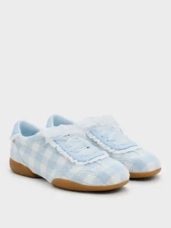 Girls' Gingham Lace-Trim Sneakers