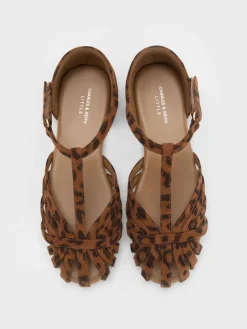 Girls' Leopard-Print Caged T-Bar Sandals