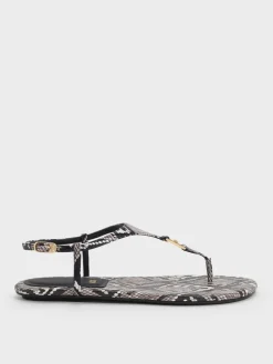 Leather Snake-Print T-Bar Thong Sandals