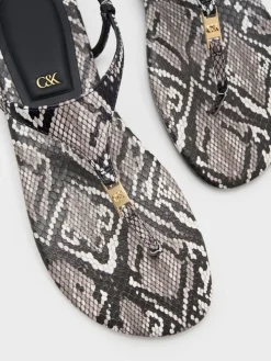 Leather Snake-Print T-Bar Thong Sandals