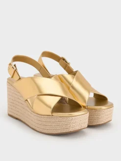 Metallic Crossover Espadrille Wedges