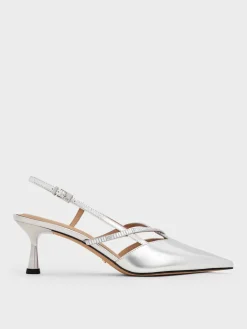 Metallic Leather & Satin Crystal-Embellished Slingback Pumps