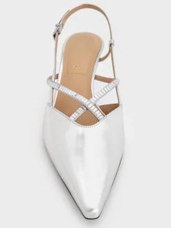 Metallic Leather & Satin Crystal-Embellished Slingback Pumps