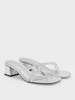 Metallic Strappy Toe-Ring Block-Heel Sandals