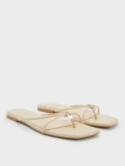 Metallic-Charm Strappy Thong Sandals
