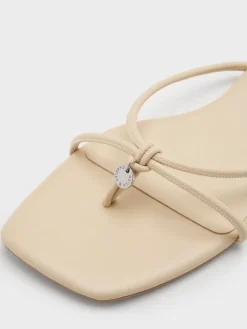 Metallic-Charm Strappy Thong Sandals