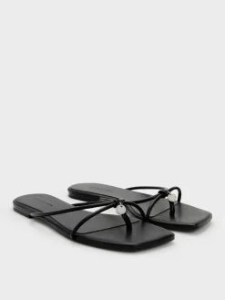 Metallic-Charm Strappy Thong Sandals