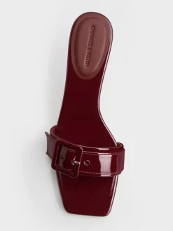 Patent Buckle-Strap Heeled Mules
