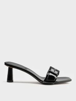 Patent Buckle-Strap Heeled Mules