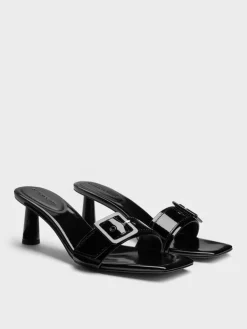 Patent Buckle-Strap Heeled Mules