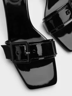 Patent Buckle-Strap Heeled Mules