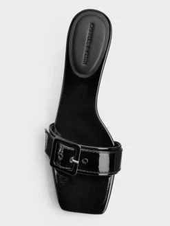 Patent Buckle-Strap Heeled Mules
