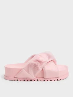 Satin Flower-Applique Crossover Sandals