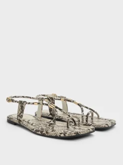 Snake-Print Metallic-Accent Toe-Ring Sandals
