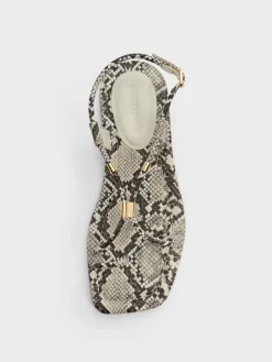 Snake-Print Metallic-Accent Toe-Ring Sandals