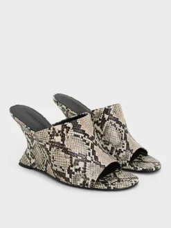 Snake-Print Sculptural-Heel Wedges