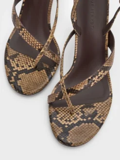 Snake-Print Stiletto Thong Sandals