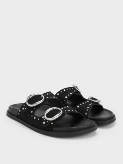 Studded Buckled Double-Strap Slides