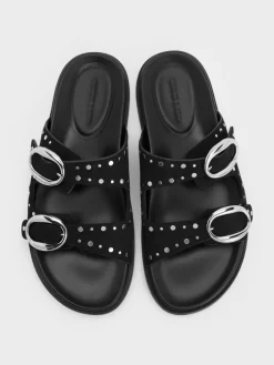 Studded Buckled Double-Strap Slides