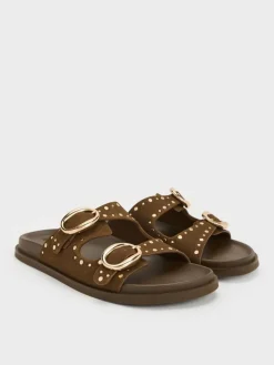 Studded Buckled Double-Strap Slides
