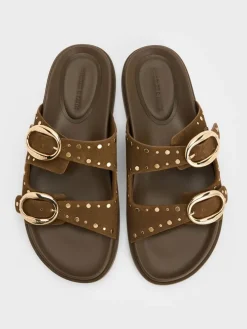 Studded Buckled Double-Strap Slides